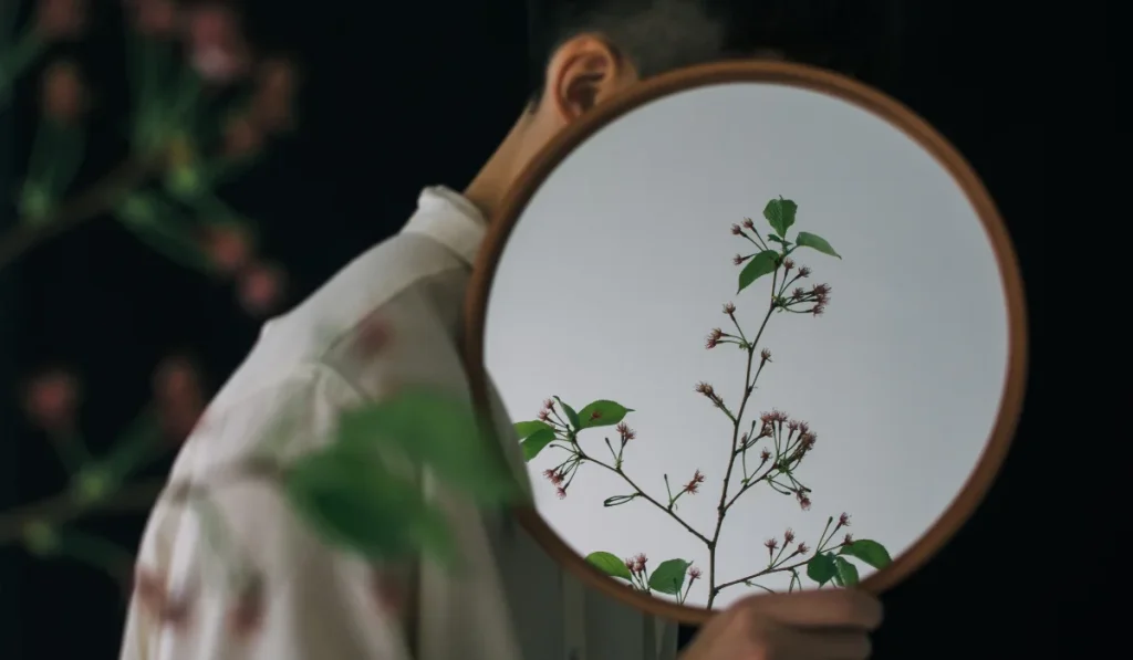 A person holds a round mirror reflecting a branch with small pink buds and green leaves against a dark background.
